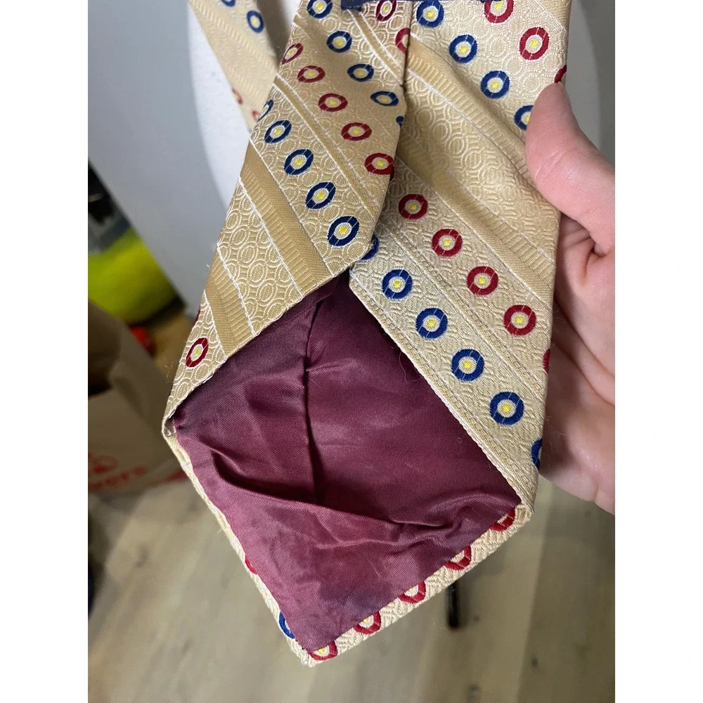 Vintage 70s Vesuvio Italy Mens Necktie Gold Red Blue Geometric Circle Stripe Tie